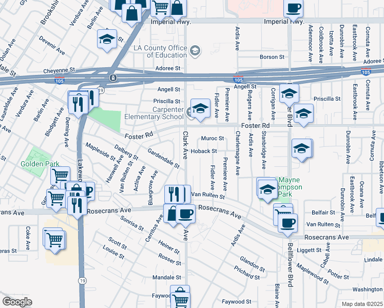 map of restaurants, bars, coffee shops, grocery stores, and more near 13604 Clark Avenue in Bellflower
