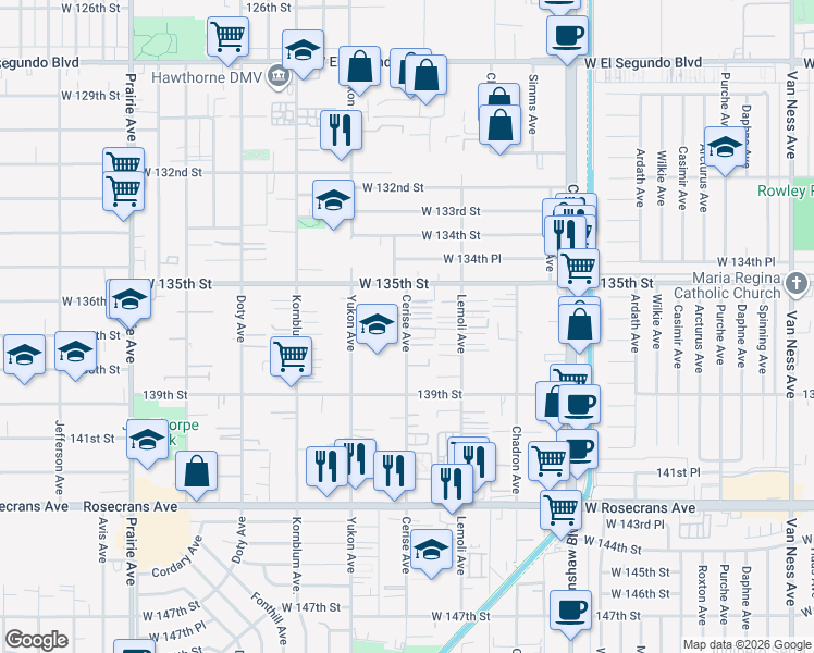 map of restaurants, bars, coffee shops, grocery stores, and more near 13621 Cerise Avenue in Hawthorne