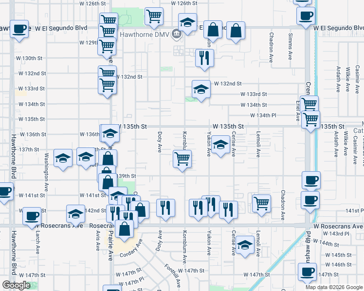 map of restaurants, bars, coffee shops, grocery stores, and more near 13611 Kornblum Avenue in Hawthorne