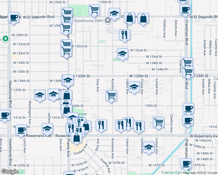 map of restaurants, bars, coffee shops, grocery stores, and more near 13617 Kornblum Avenue in Hawthorne