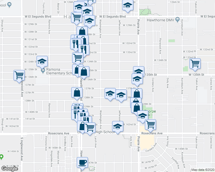 map of restaurants, bars, coffee shops, grocery stores, and more near 4221 137th Street in Hawthorne