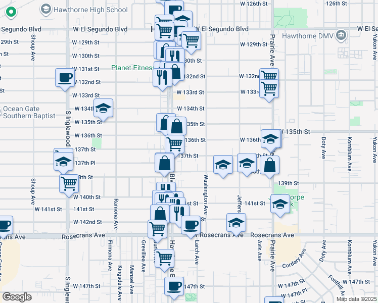 map of restaurants, bars, coffee shops, grocery stores, and more near 4383 137th Street in Hawthorne