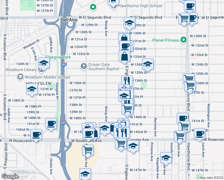map of restaurants, bars, coffee shops, grocery stores, and more near 4864 137th Street in Hawthorne