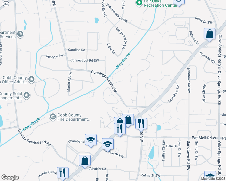 map of restaurants, bars, coffee shops, grocery stores, and more near 1714 Bertram Lane Southwest in Marietta