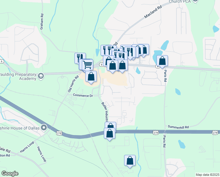 map of restaurants, bars, coffee shops, grocery stores, and more near 201 Butler Industrial Drive in Dallas