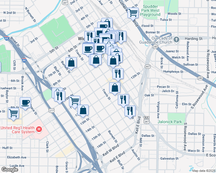 map of restaurants, bars, coffee shops, grocery stores, and more near 1102 Travis Street in Wichita Falls