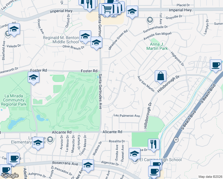 map of restaurants, bars, coffee shops, grocery stores, and more near 13630 La Jolla Circle in La Mirada