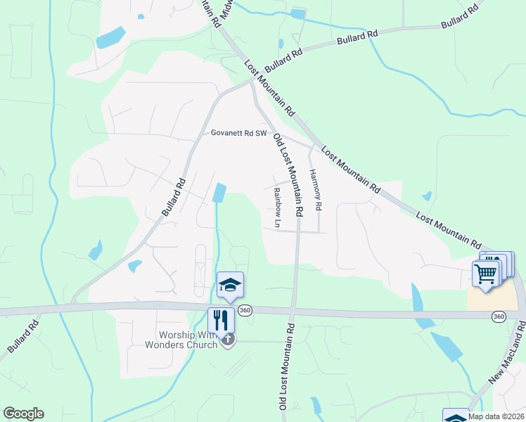 map of restaurants, bars, coffee shops, grocery stores, and more near 4649 Melody Court in Powder Springs