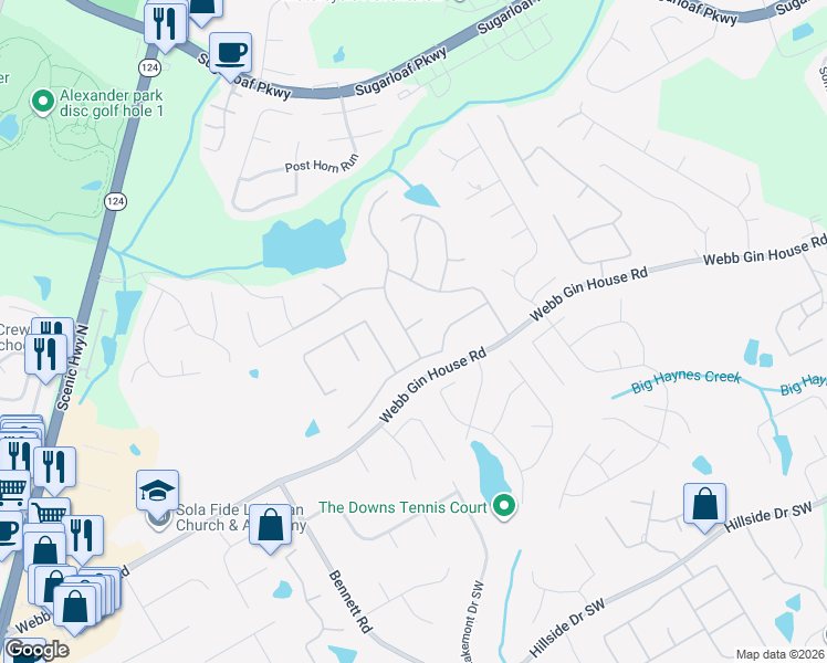 map of restaurants, bars, coffee shops, grocery stores, and more near 1240 Spring Branch Court Southwest in Lawrenceville
