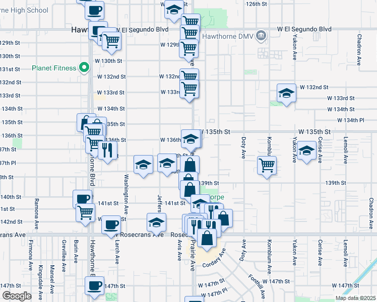 map of restaurants, bars, coffee shops, grocery stores, and more near 4015 137th Street in Hawthorne