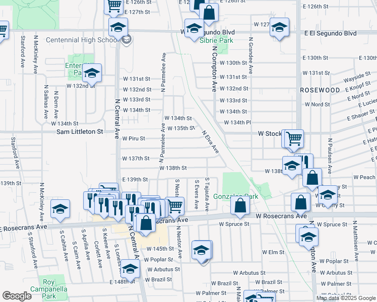 map of restaurants, bars, coffee shops, grocery stores, and more near 1221 West 137th Street in Compton