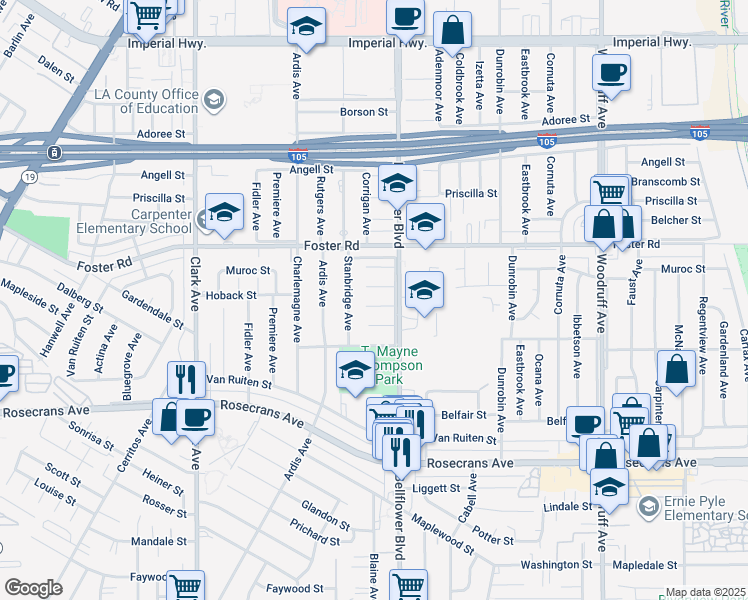map of restaurants, bars, coffee shops, grocery stores, and more near 9615 Tolly Street in Bellflower