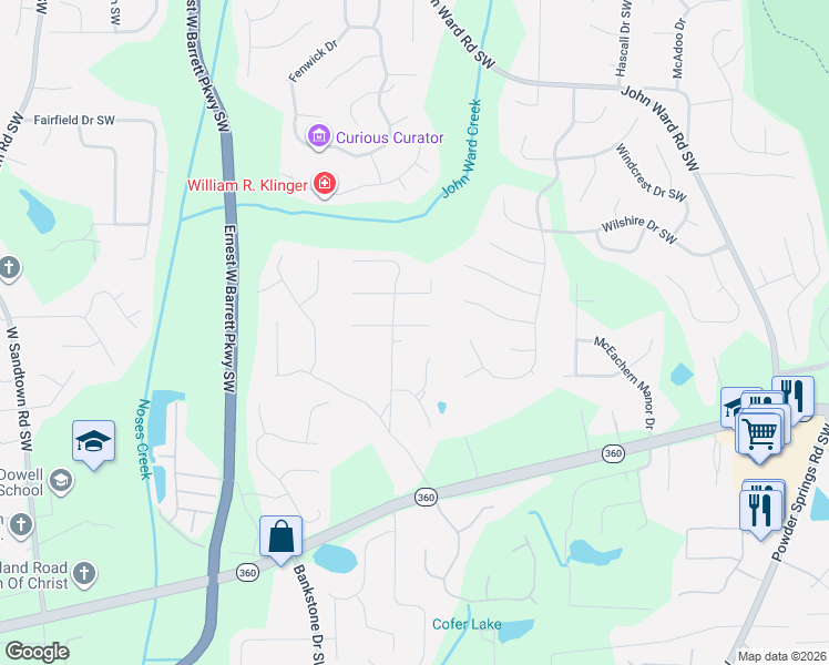 map of restaurants, bars, coffee shops, grocery stores, and more near 2262 Byron Court Southwest in Marietta