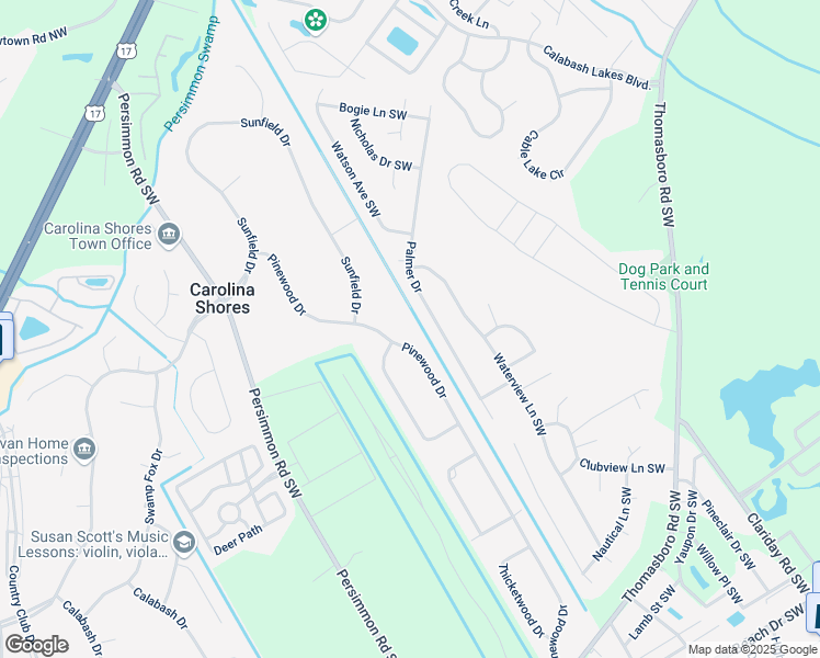 map of restaurants, bars, coffee shops, grocery stores, and more near 17 Pinewood Drive in Carolina Shores