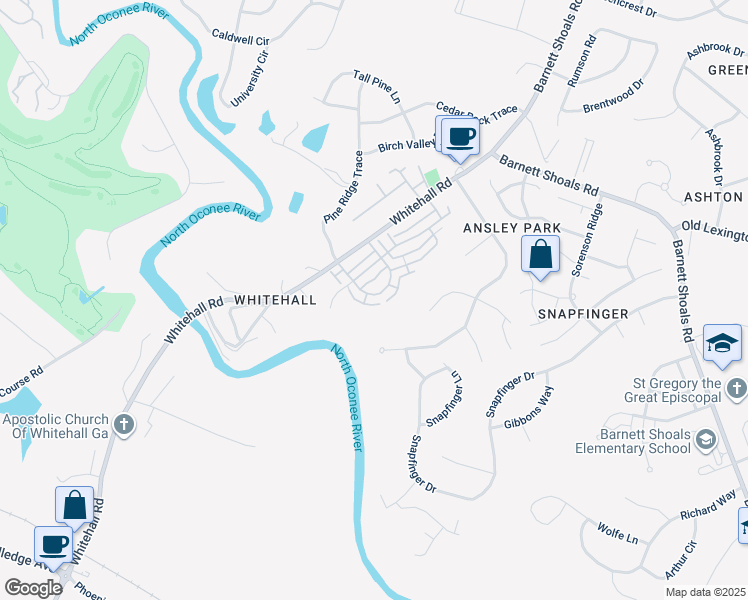 map of restaurants, bars, coffee shops, grocery stores, and more near 279 Oconee River Circle in Athens