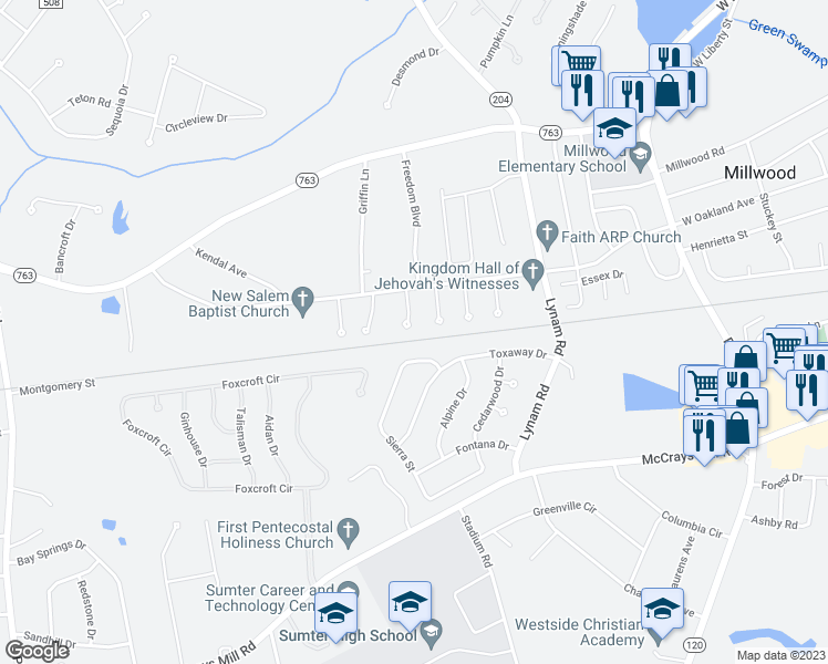 map of restaurants, bars, coffee shops, grocery stores, and more near 60 Stonehedge Court in Sumter