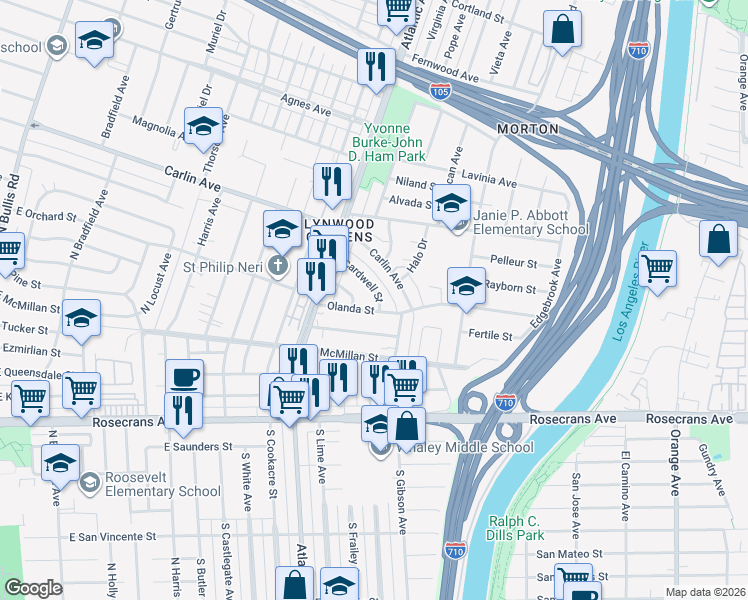 map of restaurants, bars, coffee shops, grocery stores, and more near 4636 Cardwell Street in Lynwood