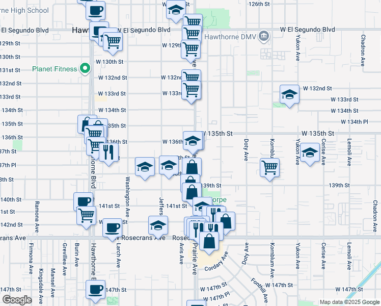 map of restaurants, bars, coffee shops, grocery stores, and more near 4015 137th Street in Hawthorne