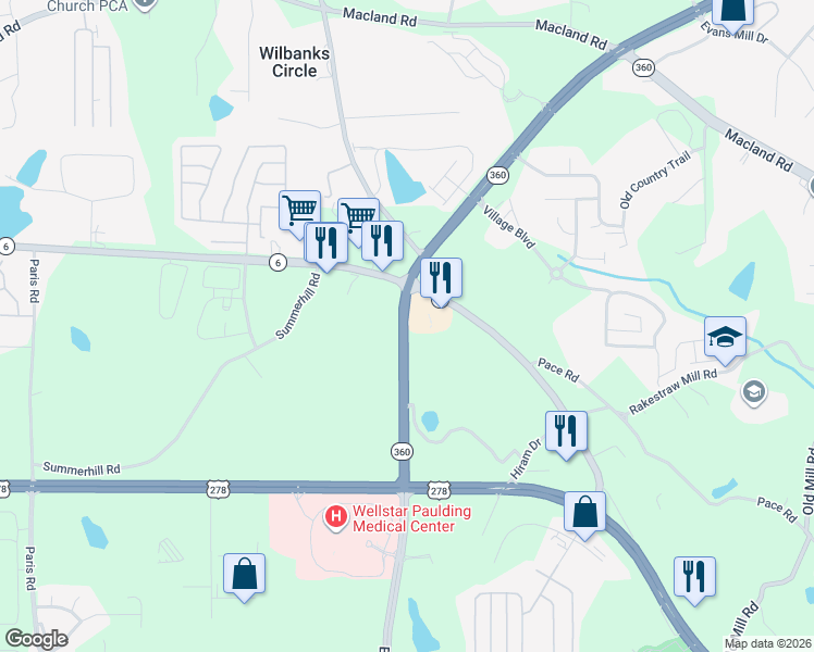 map of restaurants, bars, coffee shops, grocery stores, and more near 342 Marietta Highway in Dallas