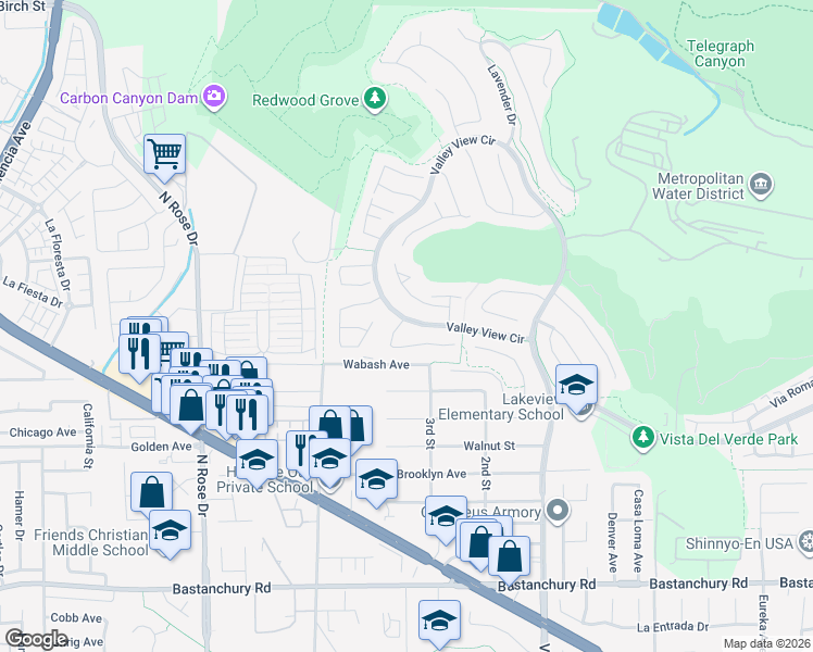 map of restaurants, bars, coffee shops, grocery stores, and more near 17181 Fremont Lane in Yorba Linda