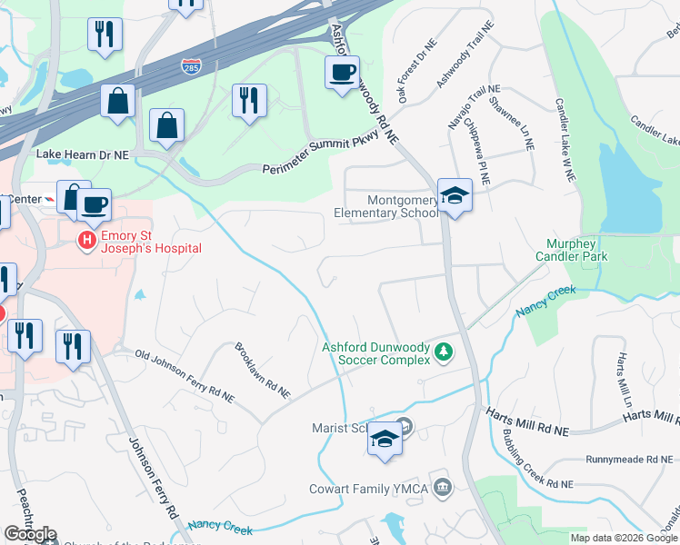 map of restaurants, bars, coffee shops, grocery stores, and more near 3895 Chaucer Wood Northeast in Atlanta