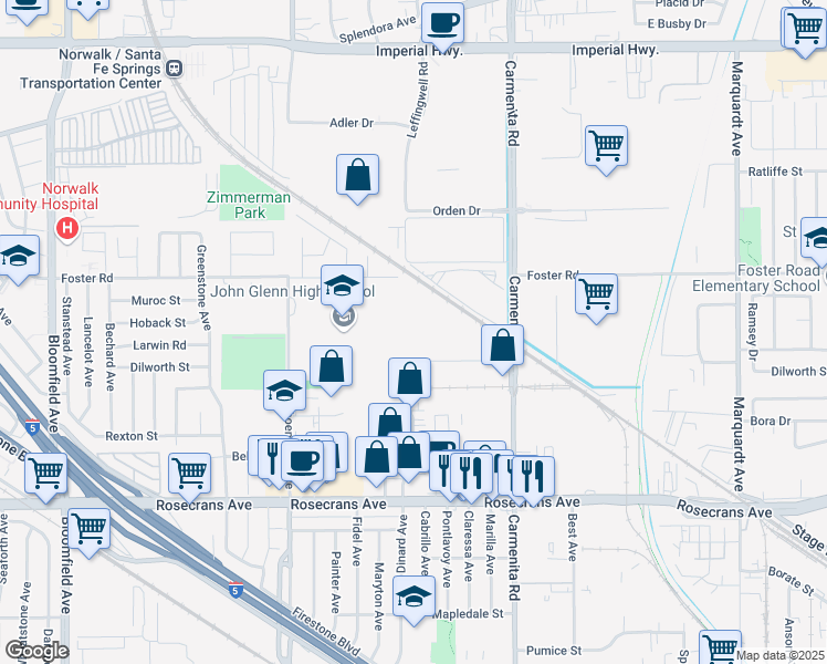 map of restaurants, bars, coffee shops, grocery stores, and more near 13215 Cambridge Street in Santa Fe Springs