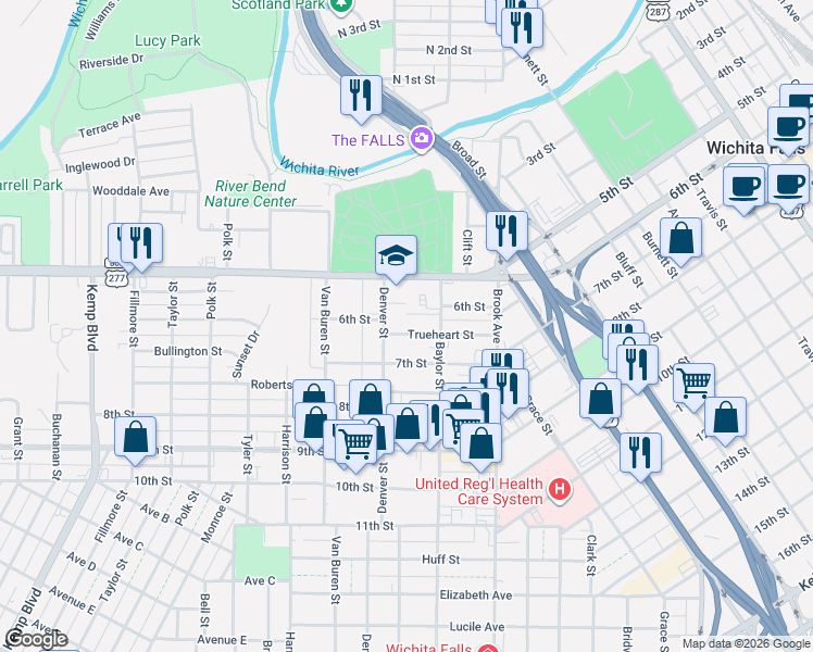 map of restaurants, bars, coffee shops, grocery stores, and more near 1805 Trueheart Street in Wichita Falls