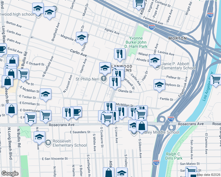 map of restaurants, bars, coffee shops, grocery stores, and more near 12658 Antigua Court in Lynwood