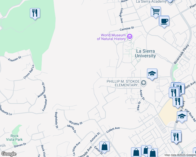 map of restaurants, bars, coffee shops, grocery stores, and more near 12193 Raley Drive in Riverside