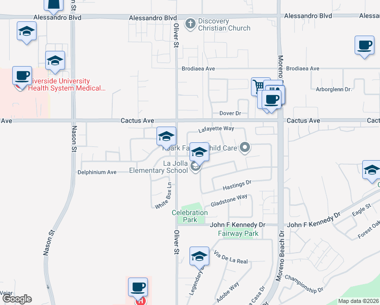 map of restaurants, bars, coffee shops, grocery stores, and more near 27566 Rockwood Avenue in Moreno Valley