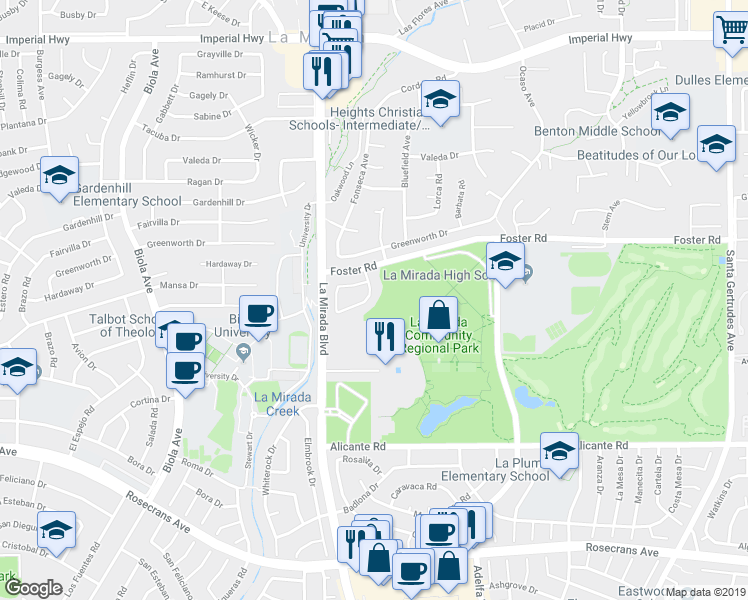 map of restaurants, bars, coffee shops, grocery stores, and more near 13536 Dalmatian Avenue in La Mirada