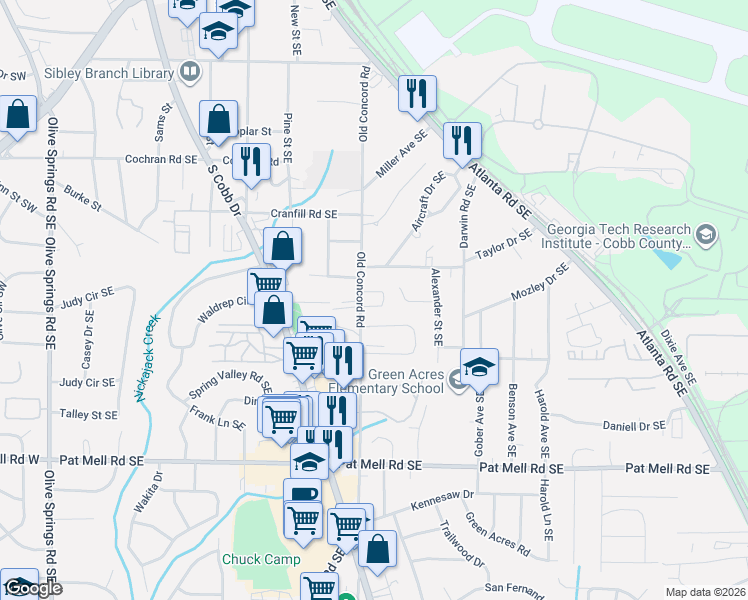 map of restaurants, bars, coffee shops, grocery stores, and more near 452 Mohon Circle Southeast in Smyrna