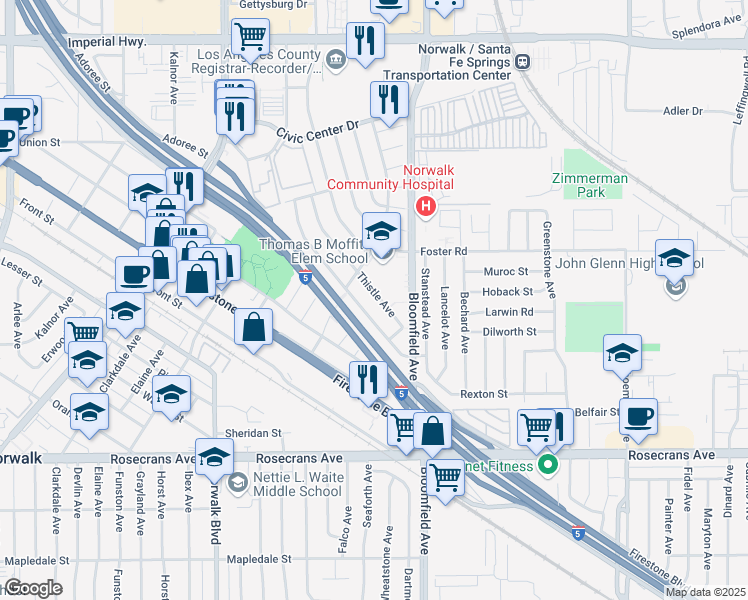map of restaurants, bars, coffee shops, grocery stores, and more near 13541 Thistle Avenue in Norwalk