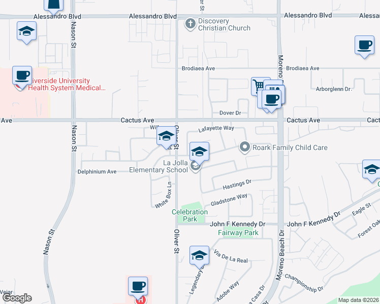 map of restaurants, bars, coffee shops, grocery stores, and more near 27566 Rockwood Avenue in Moreno Valley