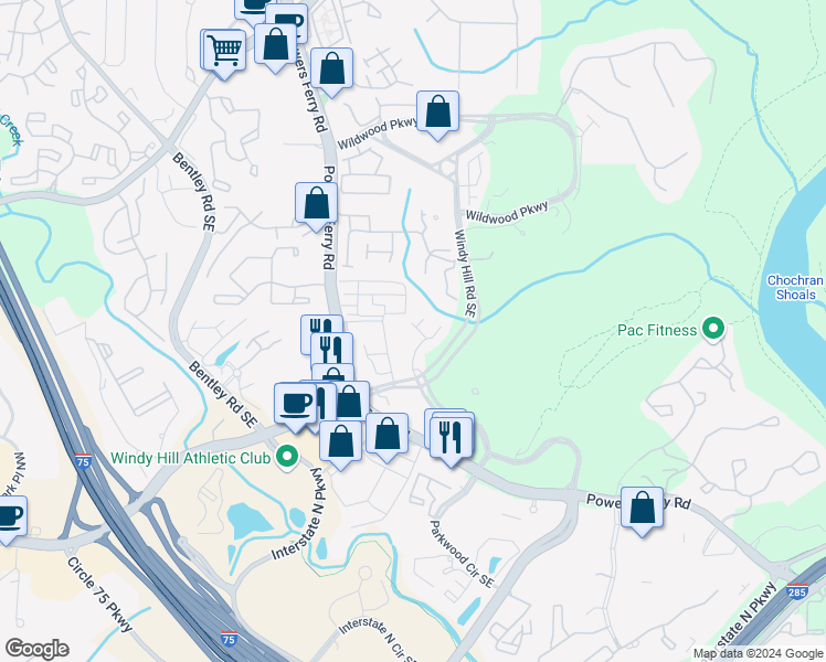 map of restaurants, bars, coffee shops, grocery stores, and more near 3112 Sugarberry Lane in Atlanta