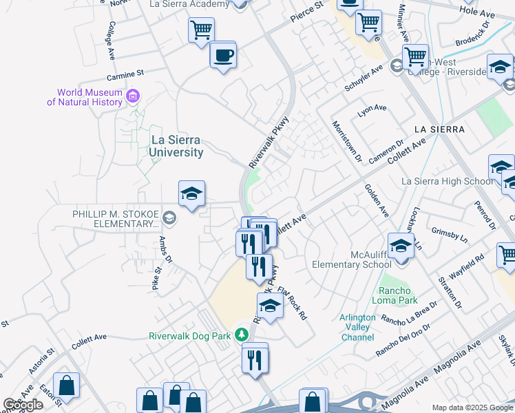 map of restaurants, bars, coffee shops, grocery stores, and more near 11578 River Heights Drive in Riverside