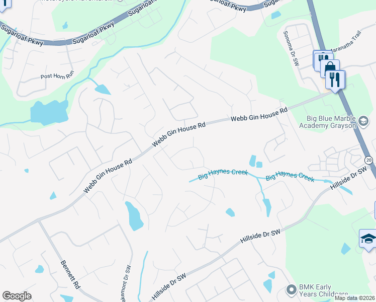 map of restaurants, bars, coffee shops, grocery stores, and more near 1374 Great Oaks Court in Lawrenceville