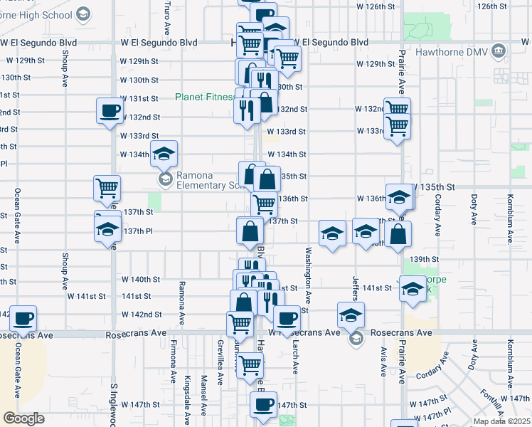 map of restaurants, bars, coffee shops, grocery stores, and more near 4383 137th Street in Hawthorne