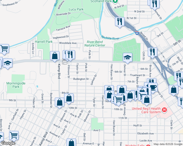 map of restaurants, bars, coffee shops, grocery stores, and more near 2204 Bullington Street in Wichita Falls