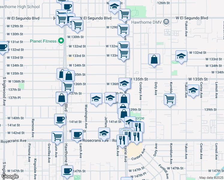 map of restaurants, bars, coffee shops, grocery stores, and more near 4065 137th Street in Hawthorne