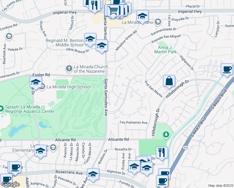 map of restaurants, bars, coffee shops, grocery stores, and more near 13526 La Jolla Circle in La Mirada