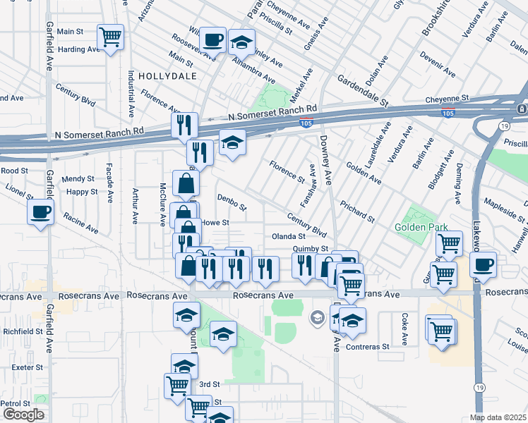 map of restaurants, bars, coffee shops, grocery stores, and more near 13915 Anderson Street in Paramount