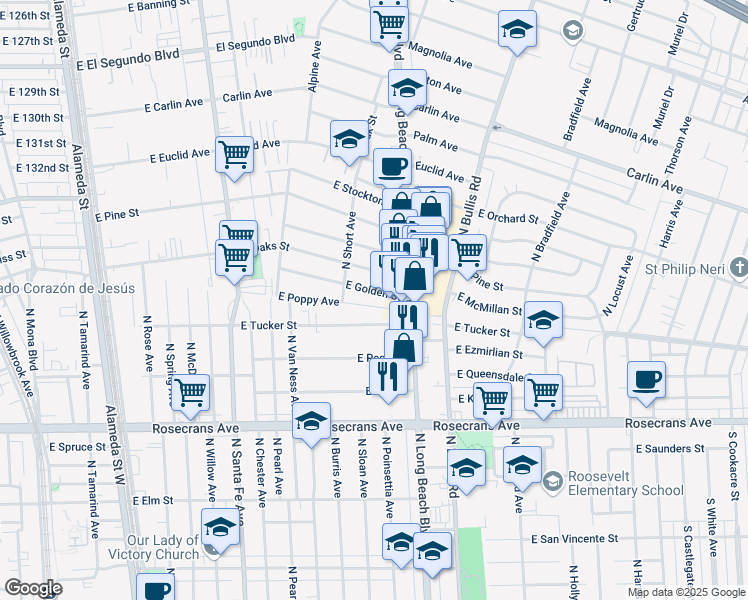 map of restaurants, bars, coffee shops, grocery stores, and more near 1211 East Tucker Street in Compton