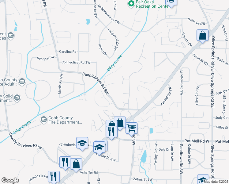 map of restaurants, bars, coffee shops, grocery stores, and more near 1875 Cunningham Road Southwest in Marietta