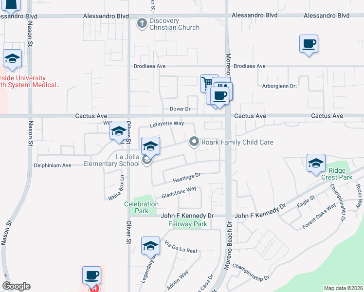 map of restaurants, bars, coffee shops, grocery stores, and more near 27758 Fairmont Drive in Moreno Valley