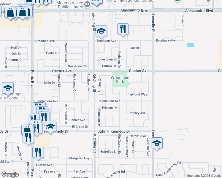 map of restaurants, bars, coffee shops, grocery stores, and more near 14686 Rio Hondo Drive in Moreno Valley