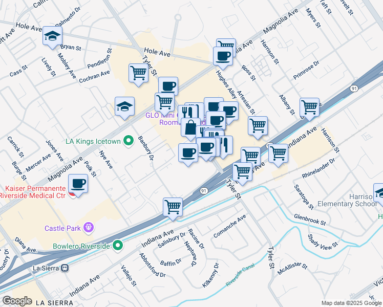 map of restaurants, bars, coffee shops, grocery stores, and more near 3580 Tyler St in Riverside