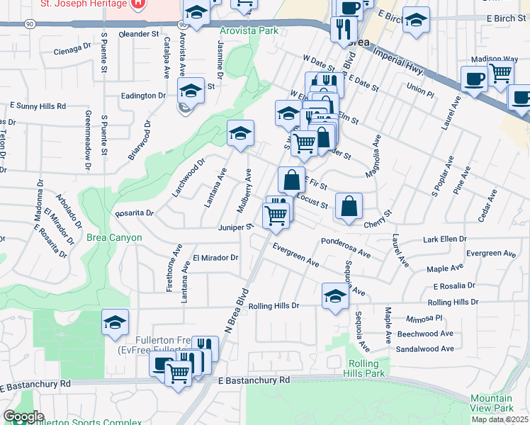 map of restaurants, bars, coffee shops, grocery stores, and more near 824 South Walnut Avenue in Brea