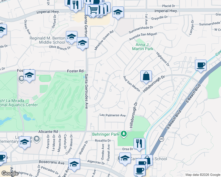 map of restaurants, bars, coffee shops, grocery stores, and more near 13515 Avenida Santa Tecla in La Mirada