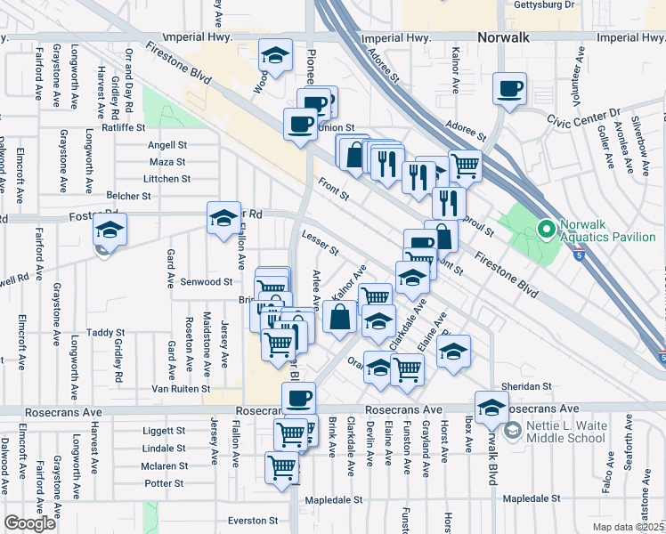 map of restaurants, bars, coffee shops, grocery stores, and more near 13639 Kalnor Avenue in Norwalk